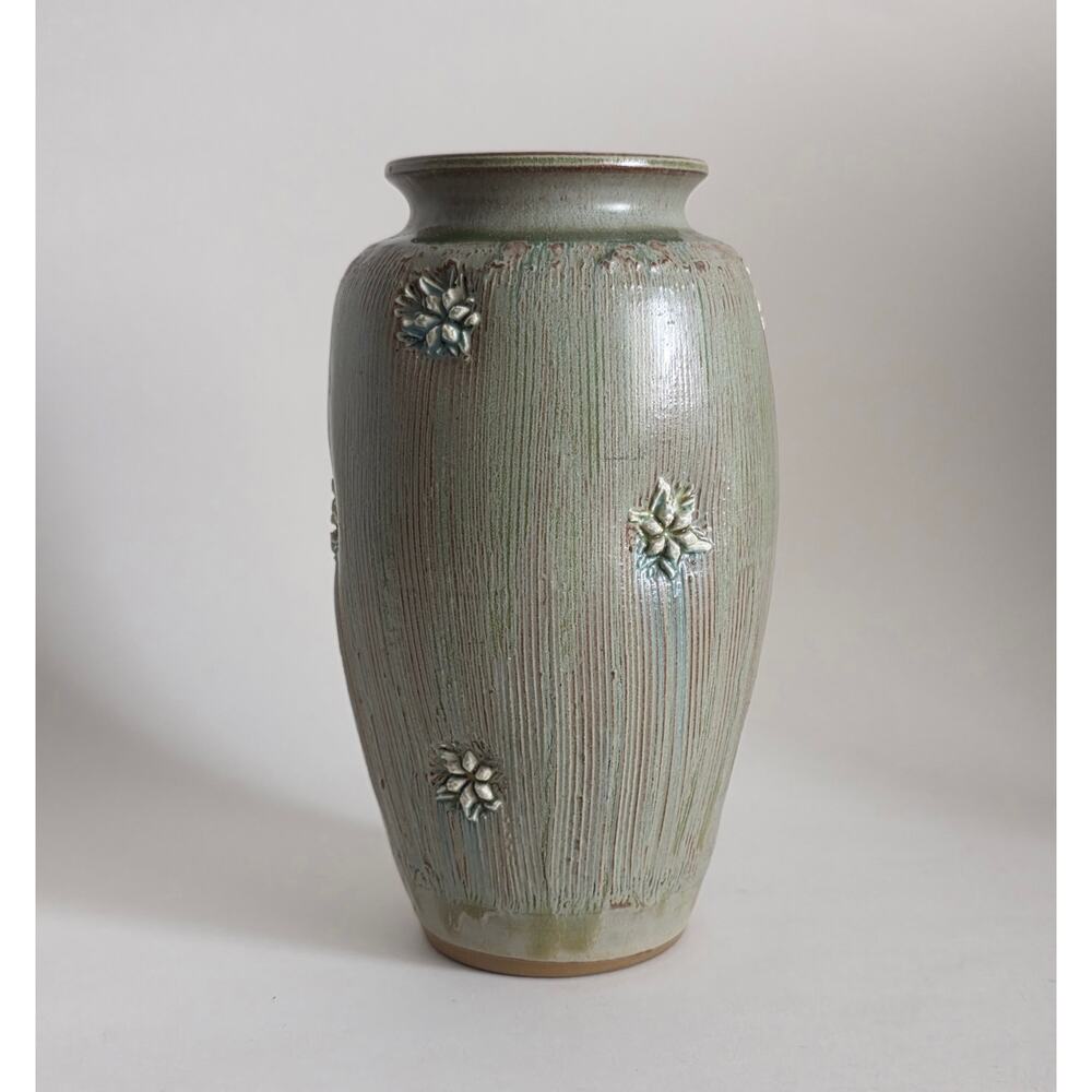 Handmade Studio Pottery Floral Textured Vase Green Glaze Stoneware